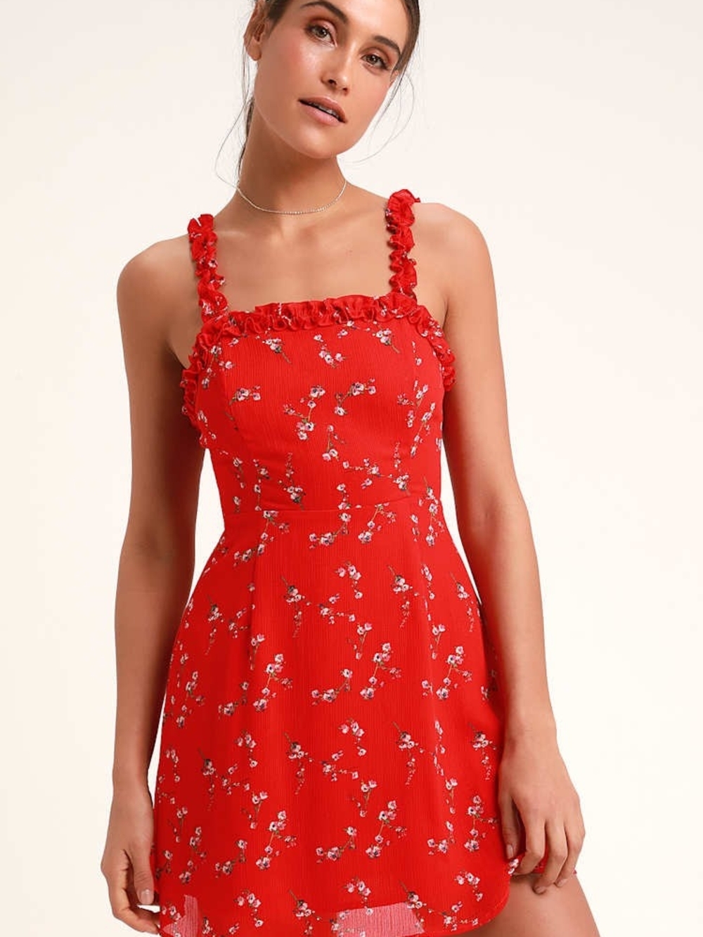 Lulu's Red Floral Ruffle-Strap Mini Dress - Picture 3 of 12